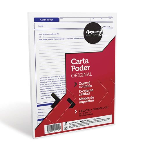 Block Tamaño Carta Poder con 50 Hojas con 2 Rayter