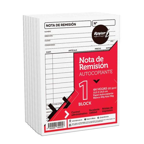 Block Remisión Autocopiado Tamaño 1/4 Duplicado con 6 Rayter