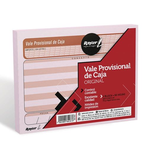Block Vale Provisional Caja Tamaño 1/4 Carta con 50 Hojas Rayter