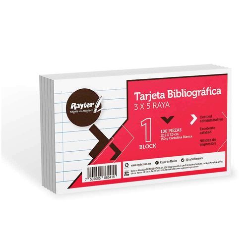 Tarjeta Bibliográfica de 3 x 5" Raya 100 Piezas