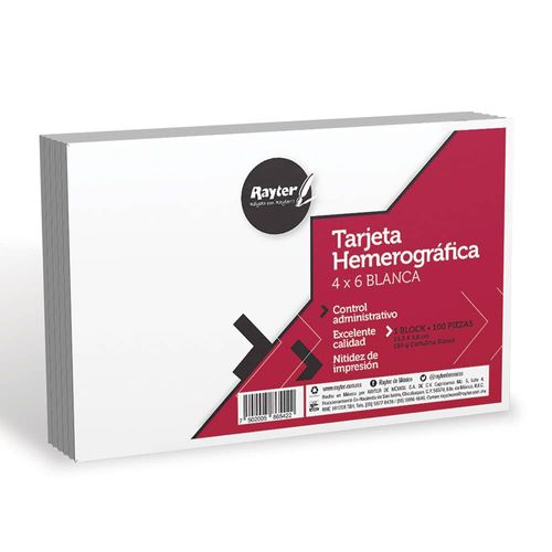 Tarjeta Bibliográfica de 4 x 6" Blanco con 100 Piezas