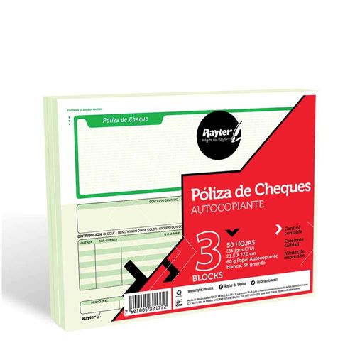 Block Póliza de Cheque Autocopiante Medio Oficio con 3 Piezas con 25 Juegos por Block Rayter