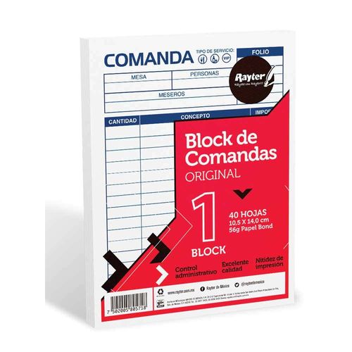 Block Comanda Original Tamaño 1/4 de Carta con 40 Hojas Rayter