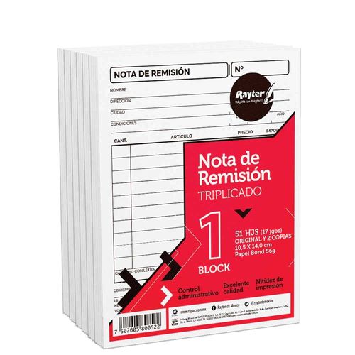 Block Remisión 1/4 de Carta Triplicado con 6 Piezas con  25 Juegos por Block Rayter
