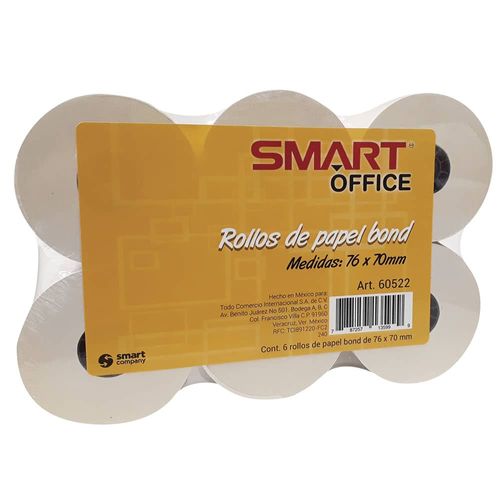 Rollo Papel Bond para Registradora de 76 x 70 mm con 6 Pcm Smart