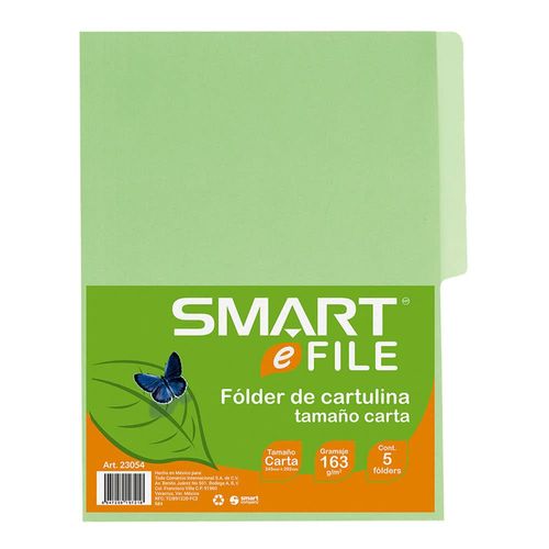 Folder de Cartulina Tamaño Carta Verde Paquete con 5 Piezas Smart