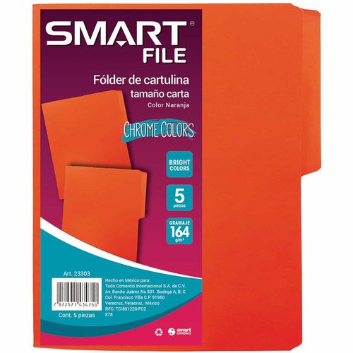 Folder de Cartulina Tamaño Carta Naranja Paquete con 5 Piezas Smart Cool