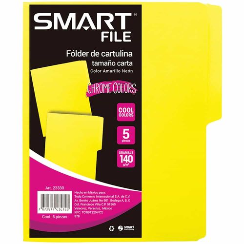 Folder de Cartulina Tamaño Carta Amarillo Cool Paquete con 5 Piezas Smart Cool