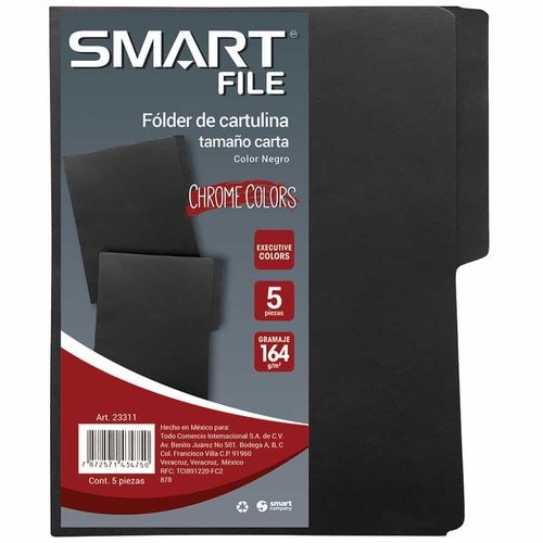Folder de Cartulina Tamaño Carta Negro Exec Paquete con 5 Piezas Smart Cool
