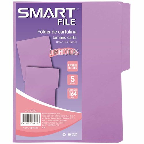 Folder de Cartulina Tamaño Carta Lila Pastel Paquete con 5 Piezas Smart Cool