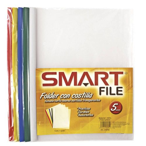 Folder de Plástico Tamaño Carta con Costilla Delgada 7 mm Colores Surtidos Transparente Paquete con 5 Piezas Smart