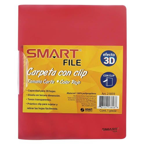 Carpeta de Plástico Tamaño Carta con Clip 3ra Dimensión Rojo Smart