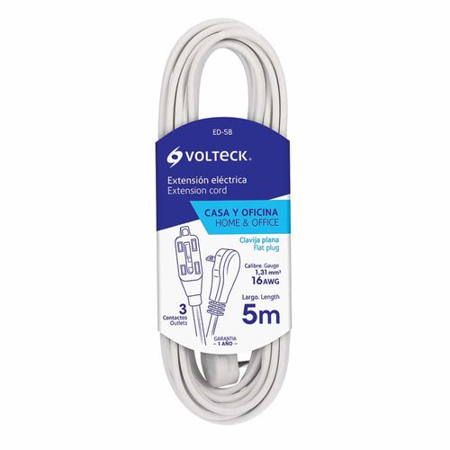 Extensión Eléctrica Blanca de 5 metros con 3 Contactos ED-5B Volteck 48018