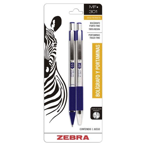 Juego De Bolígrafo Azul de 0.7 mm y Lapicero de 0.5 mm de Acero Inoxidable Zebra MF-301   5018