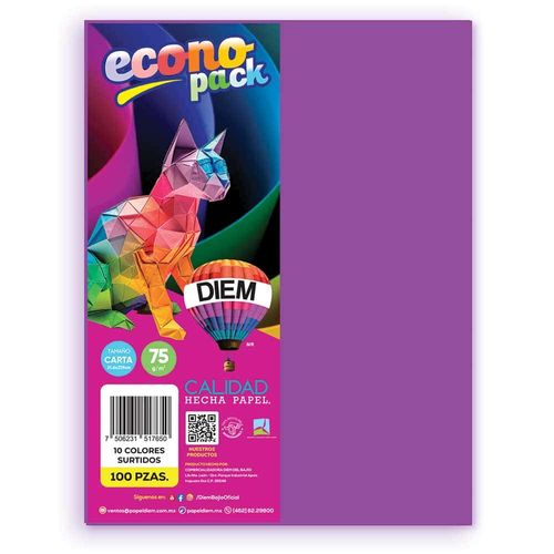 Papel Bond Tamaño Carta de 75 gramos Colores Surtidos con 100 Hojas
