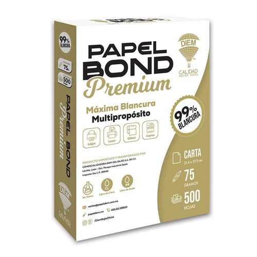 Papel Bond de 75 g Tamaño Carta Blanco con 500 Hojas Diem Premium BONDPREM75G