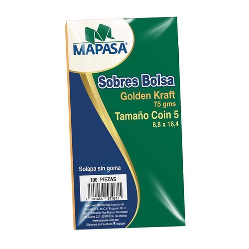 Sobre Bolsa Coin Golden Kraft de 75 gr Paquete con 100 Piezas Mapasa IM0182
