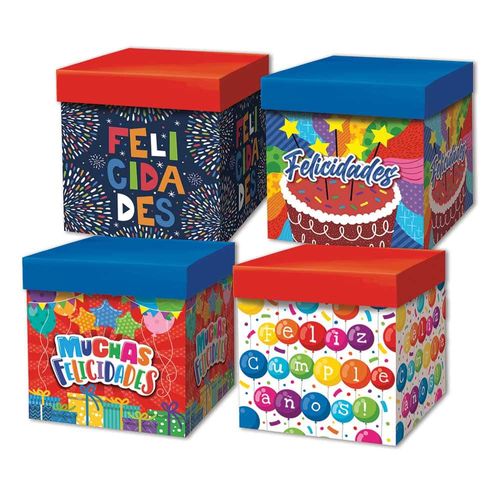 Caja Cubo de Cartón con Tapa de 22 x 22 cm Cumpleaños Diseños Surtidos 2962-3