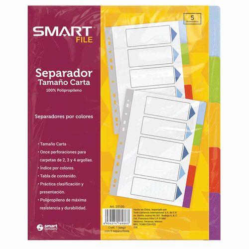 Separador de Plástico Tamaño Carta Colores Pastel con 5 Divisiones Smart