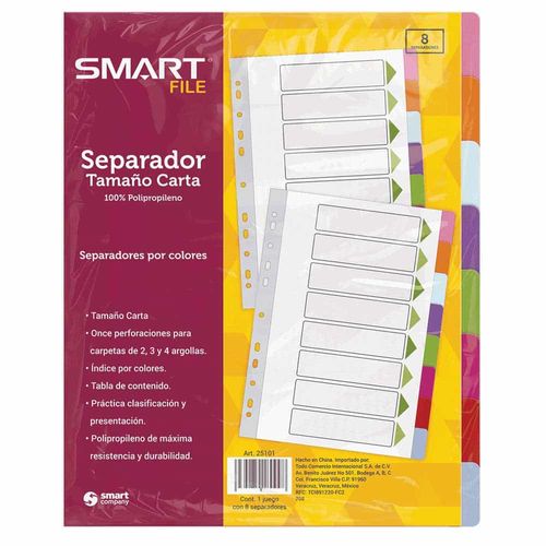 Separador de Plástico Tamaño Carta Colores Pastel con 8 Divisiones Smart