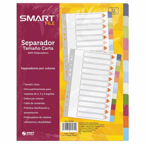 Separador de Plástico Tamaño Carta Colores Pastel con 12 Divisiones Smart
