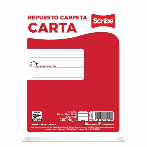 Hojas Perforadas para Carpeta Tamaño Carta de Raya con 100 Hojas Scribe