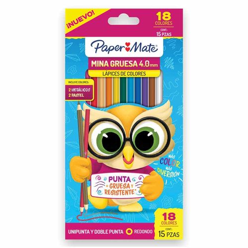 Lápices de Colores con 12 Piezas Largos Redondos 4.0 mm + 3 Doble Punta (6 Colores) Paper Mate 2182618