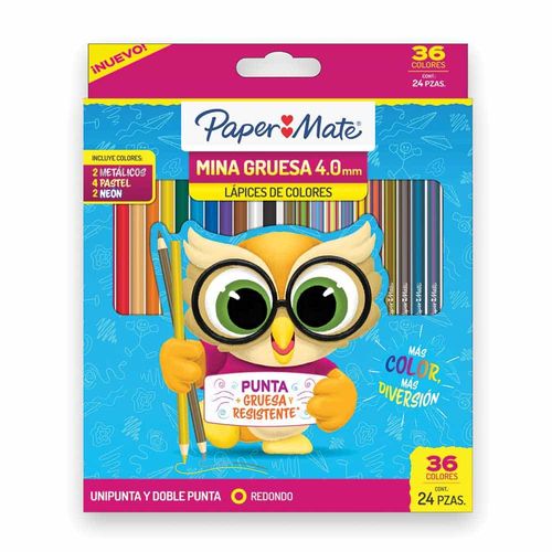 Lápices de Colores con 24 Piezas Largos Redondos 4.0 mm + 12 Doble Punta (24 Colores) Paper Mate 2182615