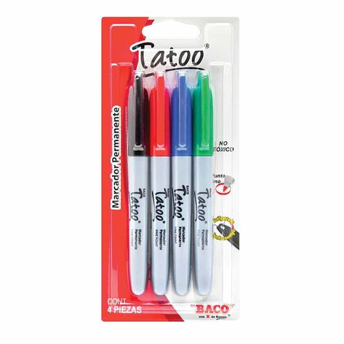 Marcador Permanente Delgado Doble Punta Colores Surtidos Blíster con 4 Piezas Tatoo Baco 17253