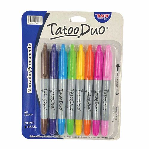 Marcador Permanente Delgado Doble Punta Colores Surtidos Fashion Blíster con 8 Piezas Tatoo Baco 17277