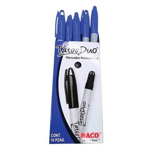Marcador Permanente Delgado Doble Punta Azul Caja con 10 Piezas Tatoo Baco 17147