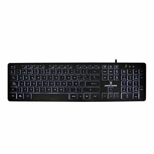 Teclado USB Alambrico Antiderrames Con Iluminacion Negro Perfect Choice PC-201304
