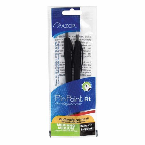 Bolígrafo Punto Mediano Retractil Negro Bolsa con 2 Piezas Pin Point Azor 301.6112NE