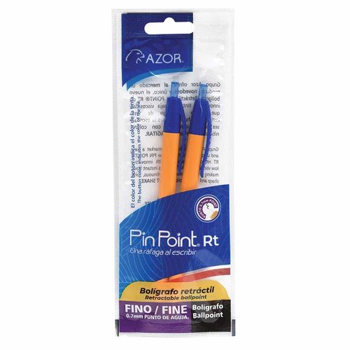 Bolígrafo Punto Fino Retractil Azul Bolsa con 2 Piezas Pin Point Azor 301.6122AZ