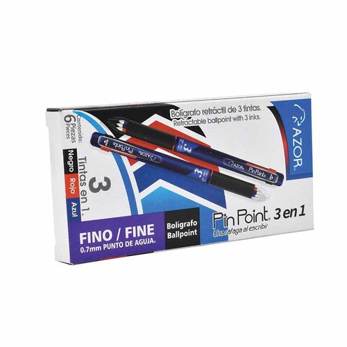 Bolígrafo Punto Fino Tricolor Caja con 6 Pieza Pin Point Azor 301.6130CS
